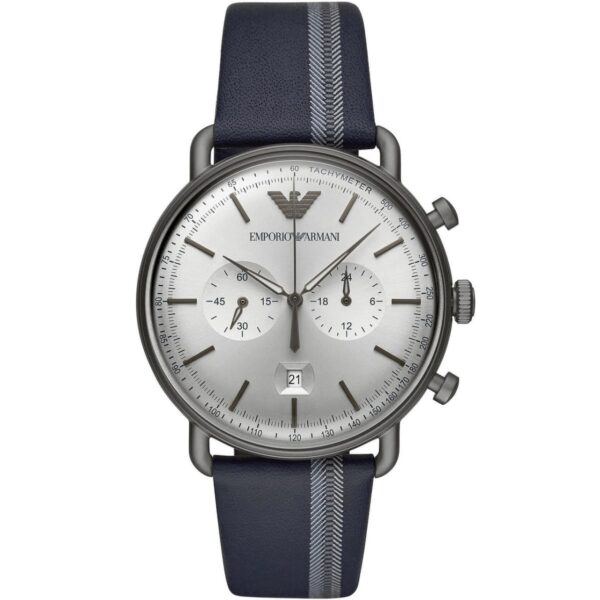 ساعت مچی مردانه طوسی با بند چرمی آبی Emporio Armani مدل AR11202