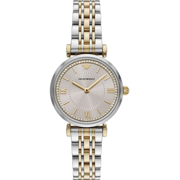 ساعت مچی زنانه ظریف نقره‌ای و طلایی با صفحه نگین‌دار Emporio Armani مدل AR11702