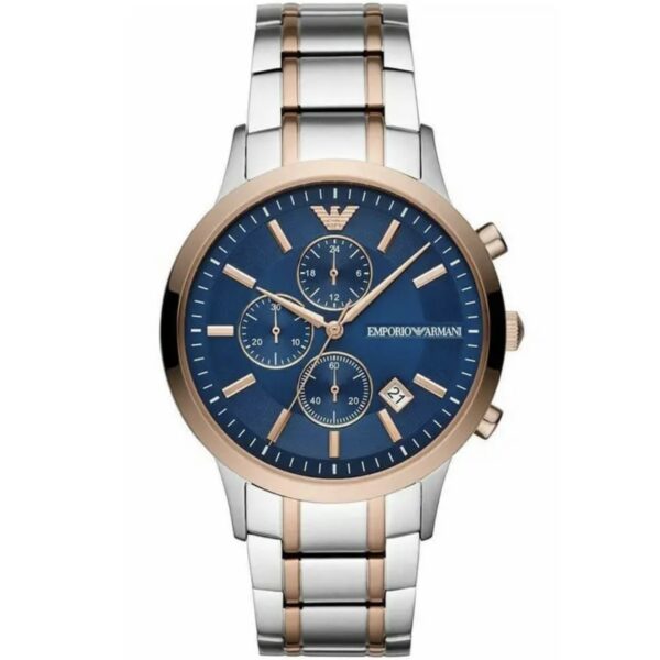 ساعت مچی مردانه رزگلد و نقره‌ای با صفحه آبی کرنوگراف Emporio Armani مدل AR80025