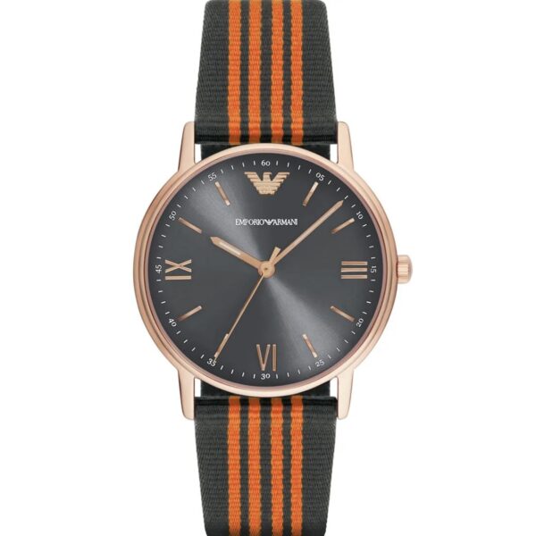 ساعت مچی مردانه کوارتز با صفحه خاکستری و بند برزنتی نارنجی و طوسی Emporio Armani مدل AR11014