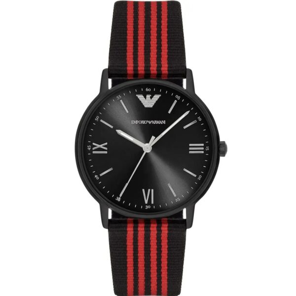 ساعت مچی مردانه کوارتز با صفحه مشکی و بند برزنتی مشکی و قرمز Emporio Armani مدل AR11015
