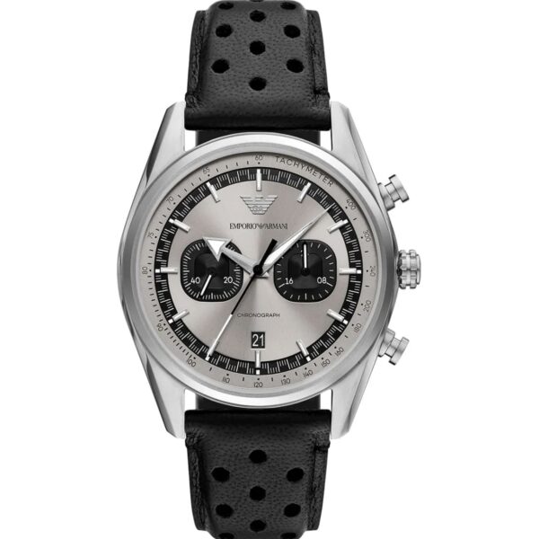 ساعت مچی مردانه کرنوگراف با صفحه خاکستری و بند چرمی مشکی Emporio Armani مدل AR11677