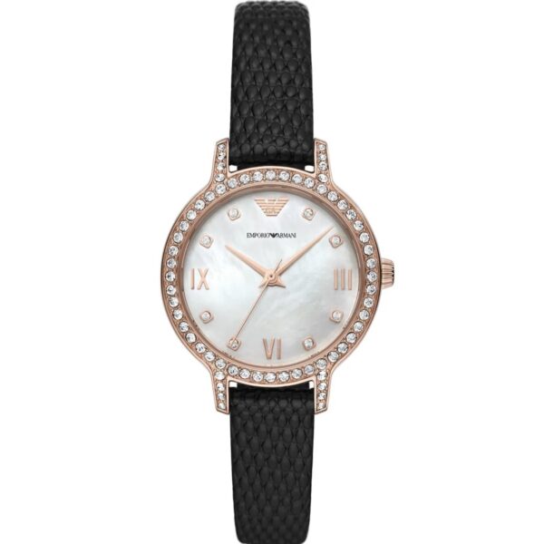 ساعت مچی زنانه کوارتز با صفحه صدفی و بند چرمی مشکی Emporio Armani مدل AR11485