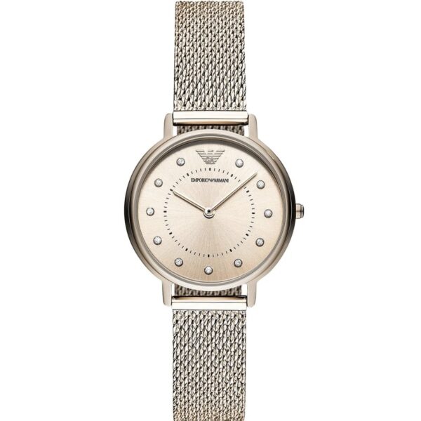 ساعت مچی زنانه کوارتز با صفحه طلایی و بند حصیری رزگلد Emporio Armani مدل AR11129